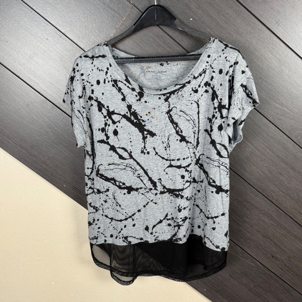 DKNY Jeans Women's Mesh Hem T-Shirt L Gray Black Abstract Splatter Print Grunge
